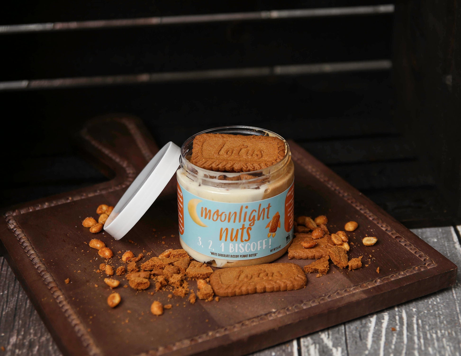 Jar of 3, 2, 1 BISCOFF! peanut butter topped with a Biscoff cookie