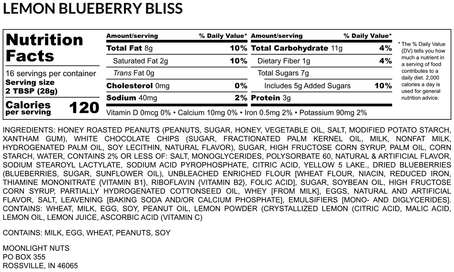 Nutrition facts label for Lemon Blueberry Bliss with ingredients listed below.