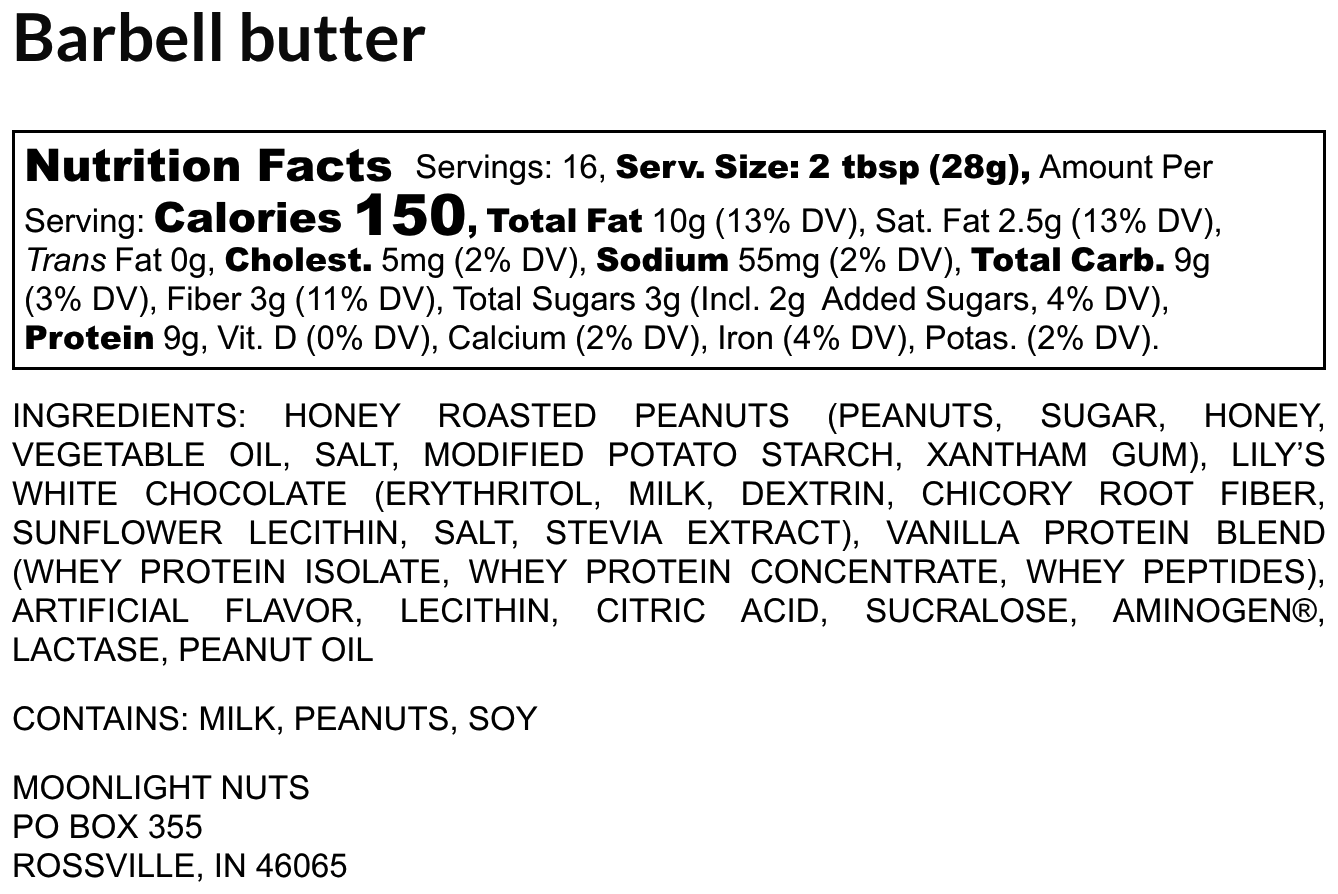 Nutrition facts and ingredients list for Barbell butter on a white background