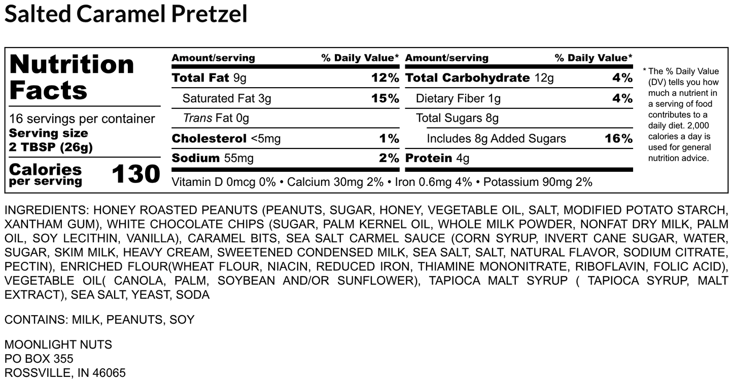 Nutrition facts label for a salted caramel pretzel product