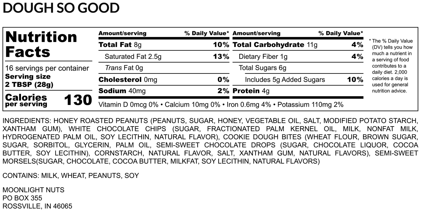 Nutrition facts for white chocolate cookie dough peanut butter