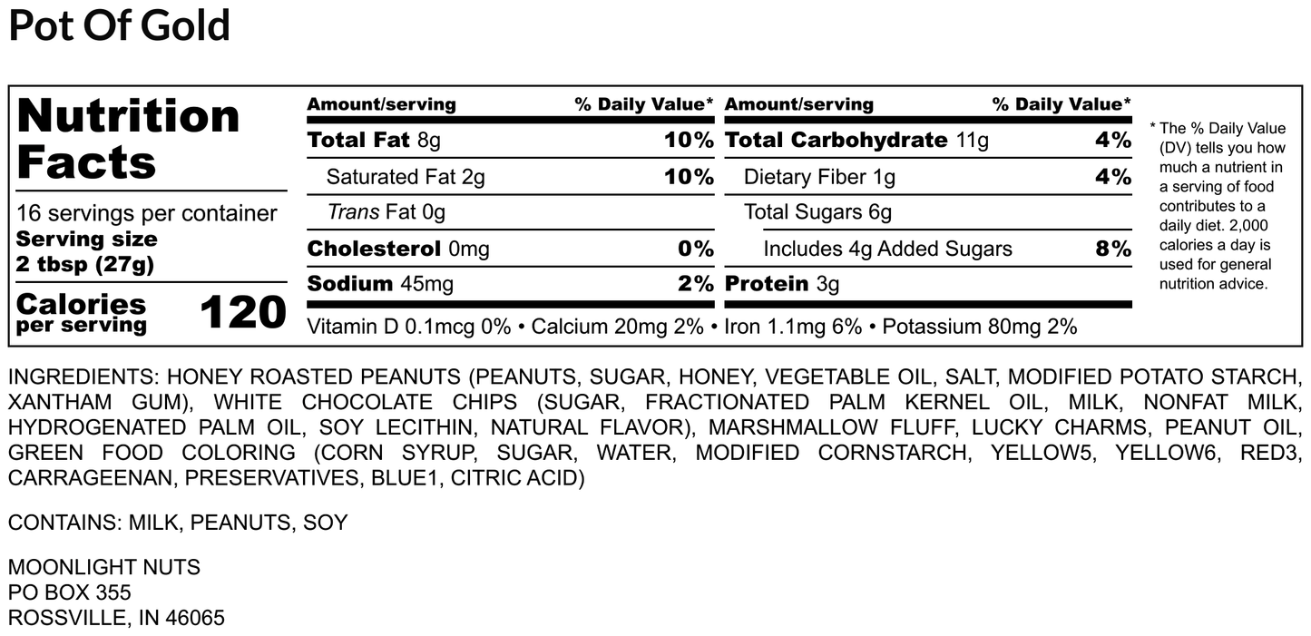 Nutrition facts for Moonlight Nuts “Pot of Gold” peanut butter flavor.