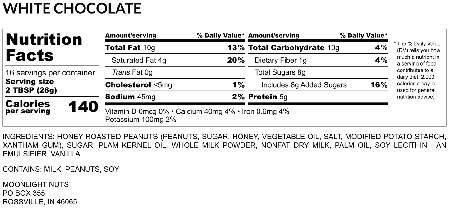 Nutrition facts for white chocolate peanut butter