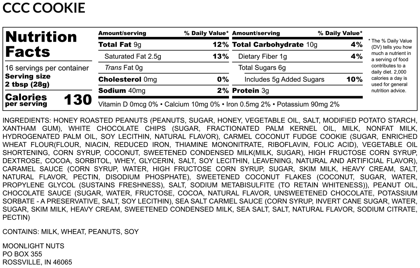 Nutrition facts for Moonlight Nuts Gimme Samoa That peanut butter