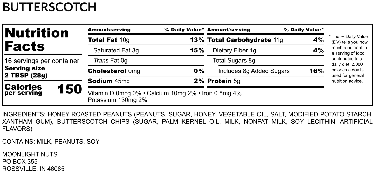 Nutrition facts for butterscotch peanut butter