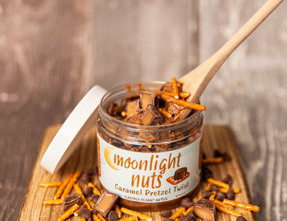 Caramel sauce with milk chocolate peanut butter, Rolos, pretzels, and milk chocolate chips