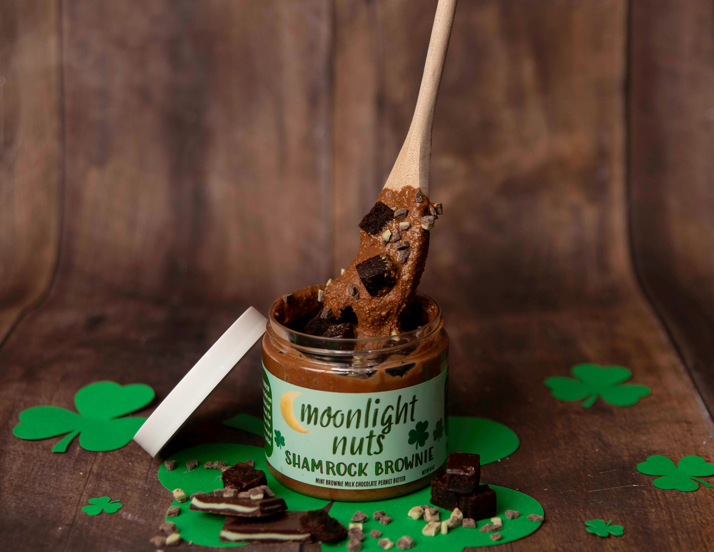 Spoonful of Moonlight Nuts Shamrock Brownie Peanut butter showing the milk chocolate/andes mint peanut butter, brownie pieces, and more Andes mints