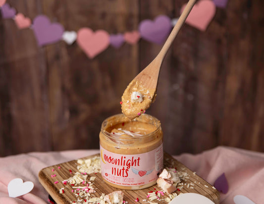Spoonful of moonlight nuts white chocolate peanut butter with white cake and cream cheese frosting. Valentines collection called First Kiss.