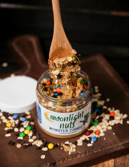 White chocolate peanut butter with oats, m&ms, chocolate chips, and honey