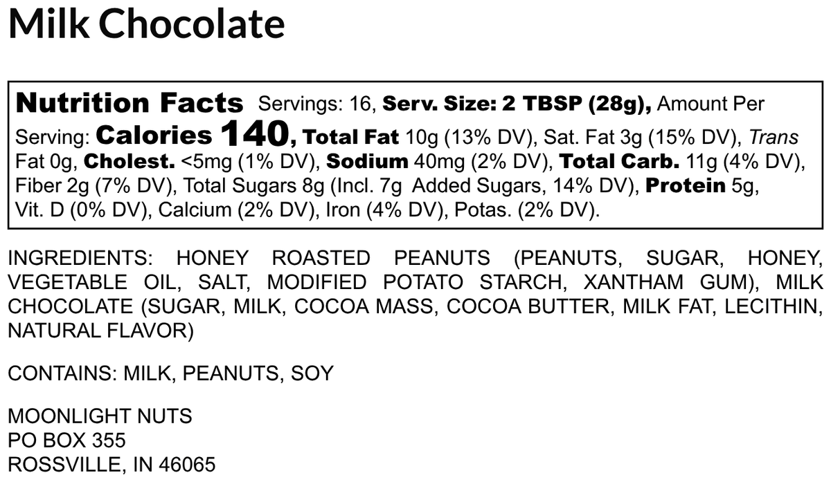 Nutrition facts moonlight nuts milk chocolate peanut butter