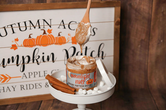 Jar of Spooky Puftkin Patch peanut butter with marshmallow fluff and cinnamon