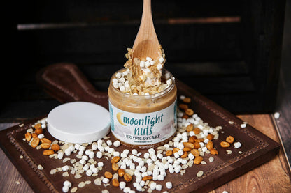 Spoonful of white chocolate peanut butter with marshmallow and rice krispies