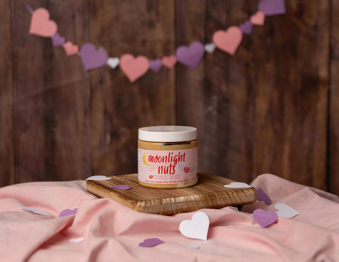 Jar of moonlight nuts Valentine’s peanut butter called First Kiss.