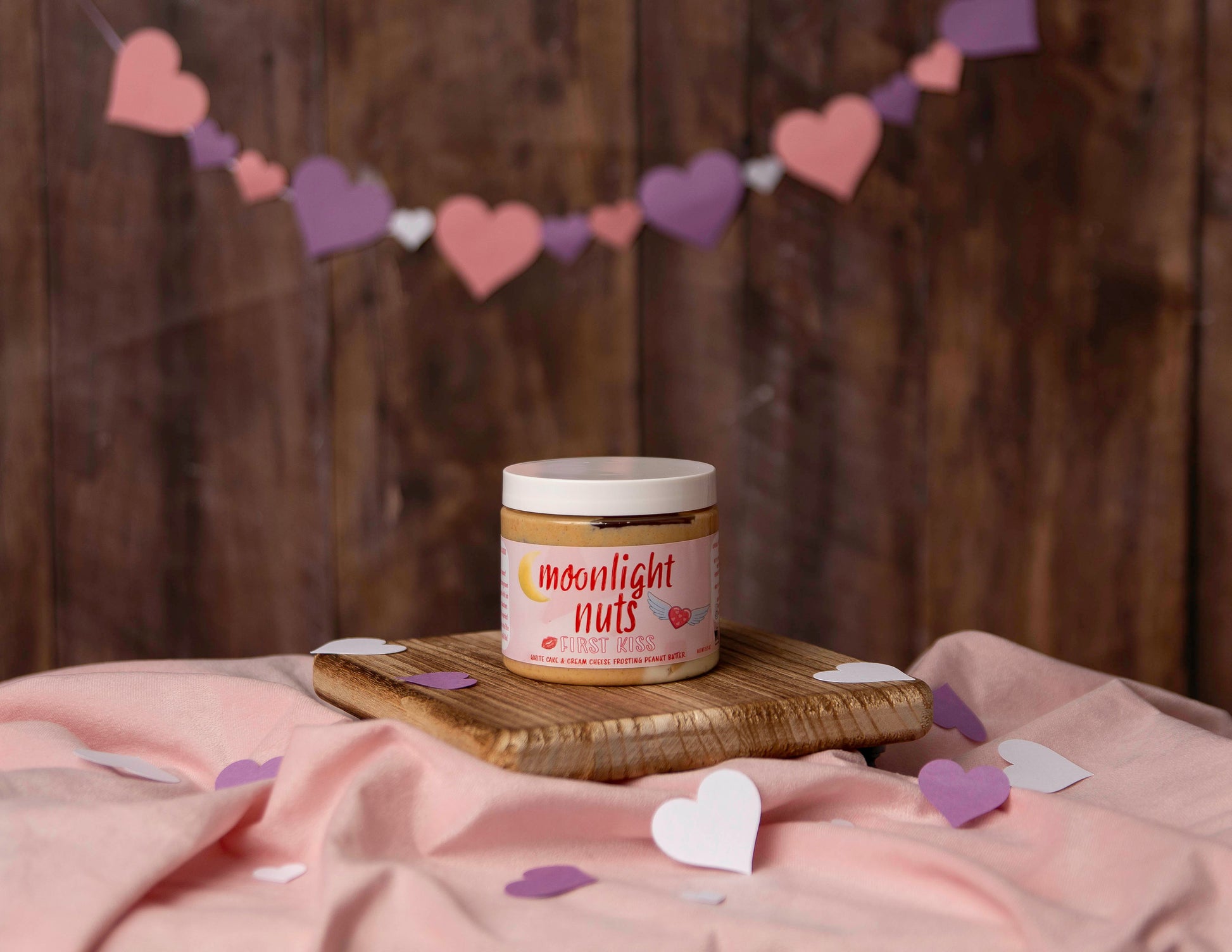 Jar of moonlight nuts Valentine’s peanut butter called First Kiss.
