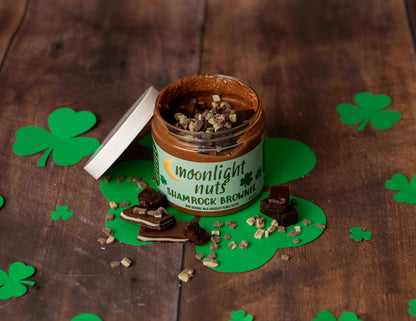 Open jar of Shamrock Brownie- Moonlight Nuts mint brownie peanut butter flavor