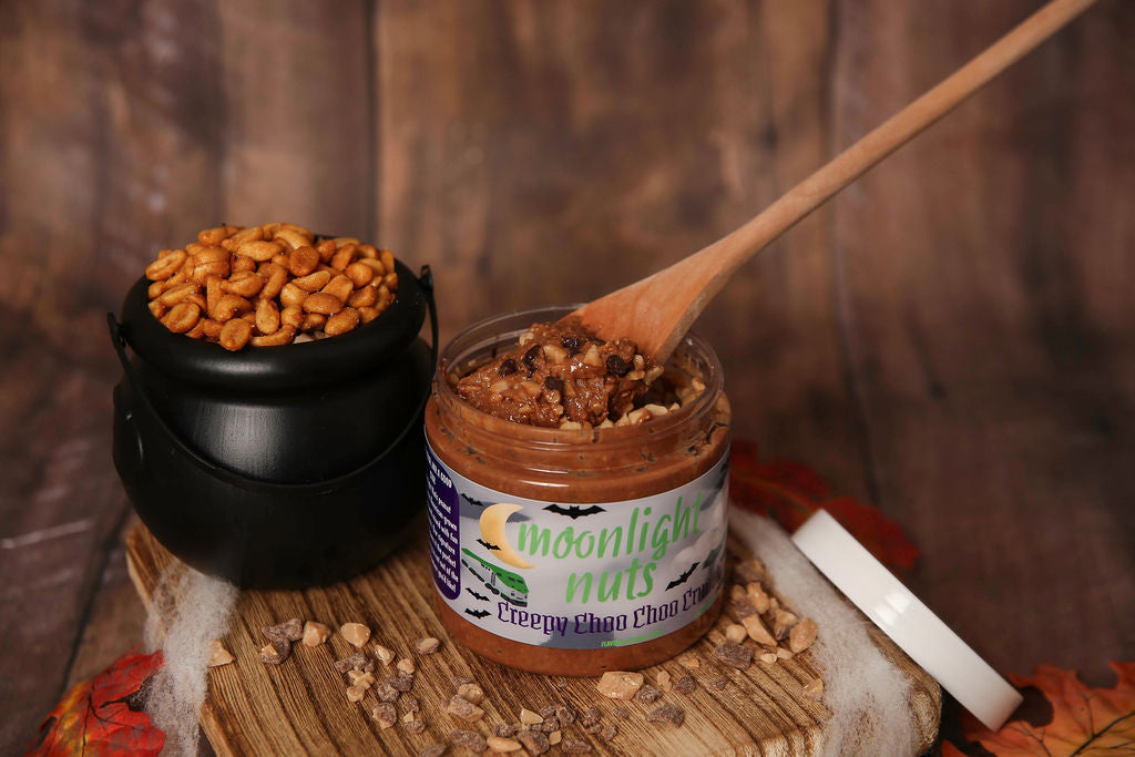 Jar of Creepy Choo Choo Crunch peanut butter with toffee and chocolate chips