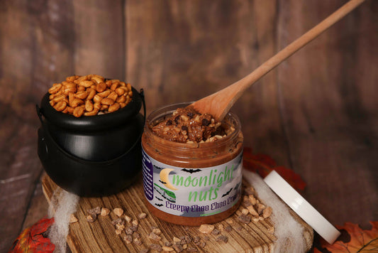 Jar of Creepy Choo Choo Crunch peanut butter with toffee and chocolate chips