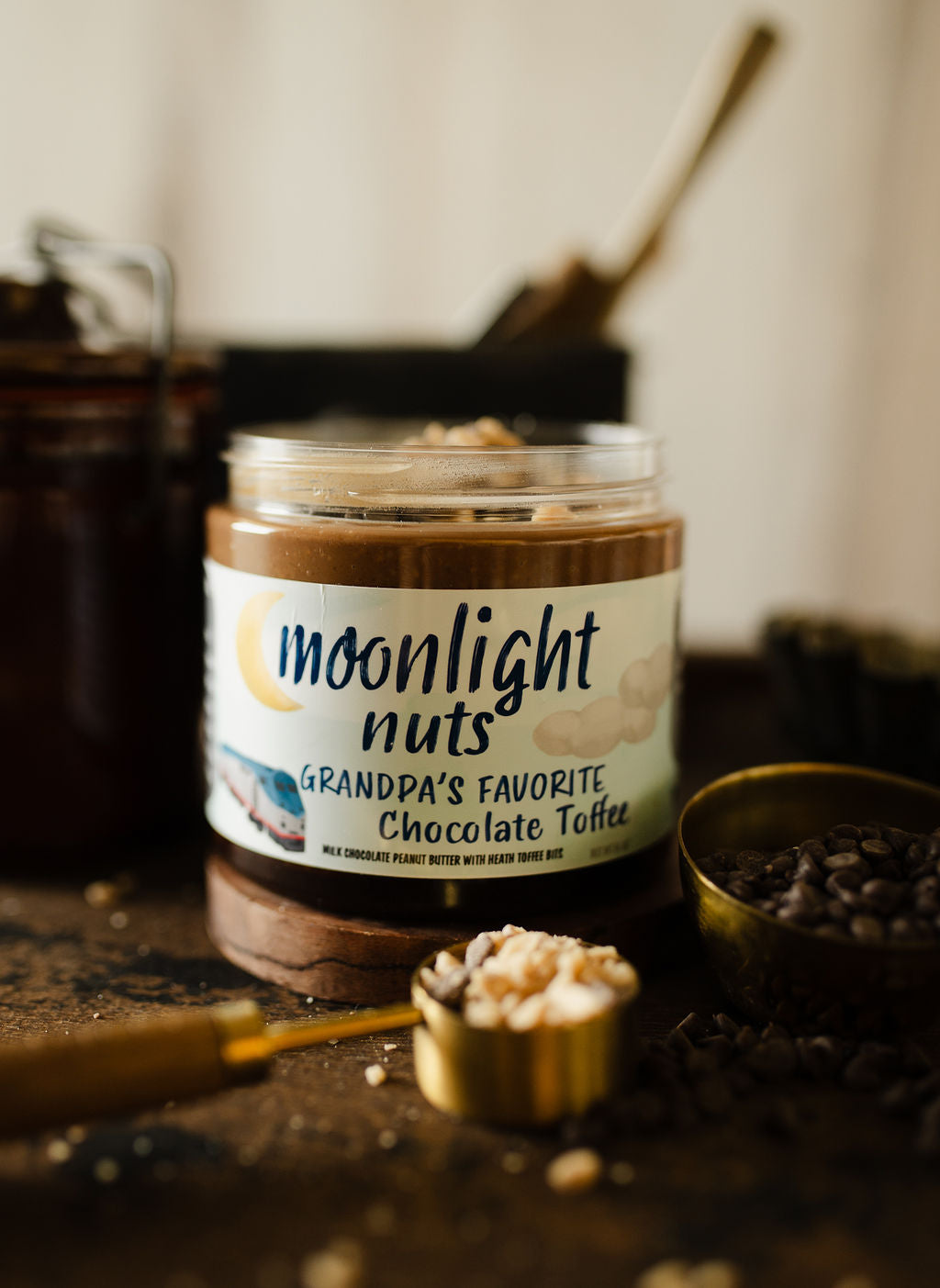 Front view of moonlight nuts grandpas favorite chocolate toffee 