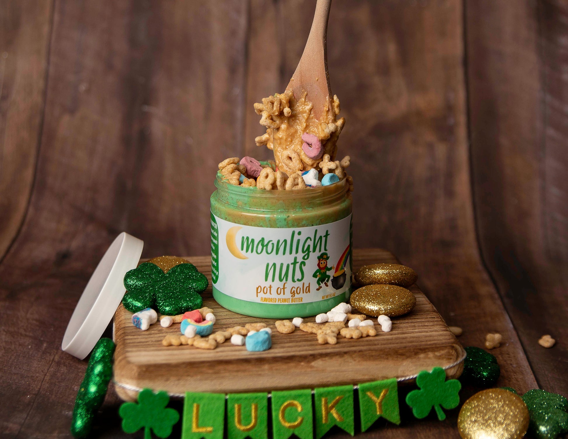 Spoonful of Moonlight Nuts March limited edition flavor featuring gourmet white chocolate peanut butter and lucky charms