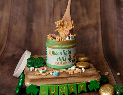 Spoonful of Moonlight Nuts March limited edition flavor featuring gourmet white chocolate peanut butter and lucky charms