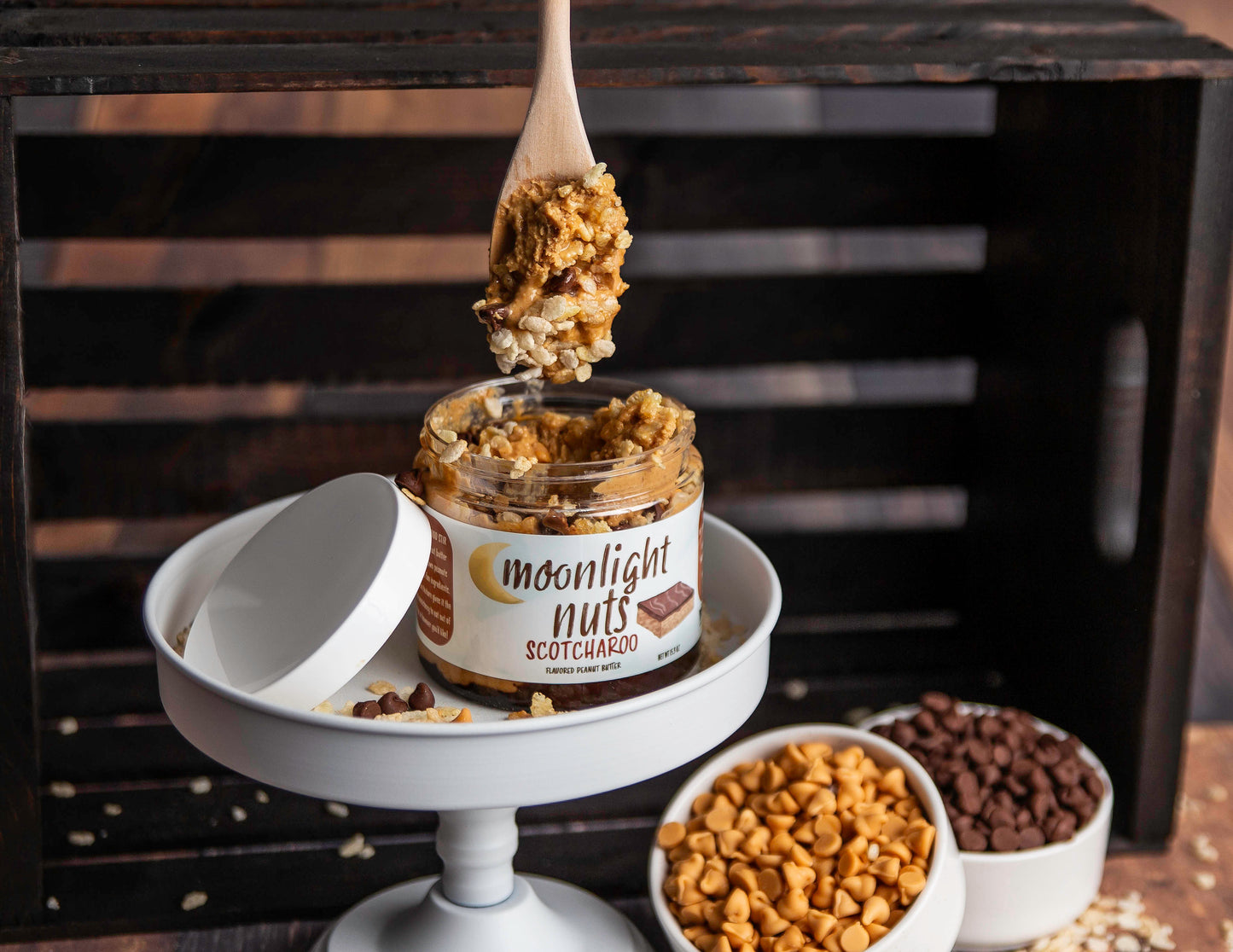 Spoonful of butterscotch peanut butter with chocolate chips