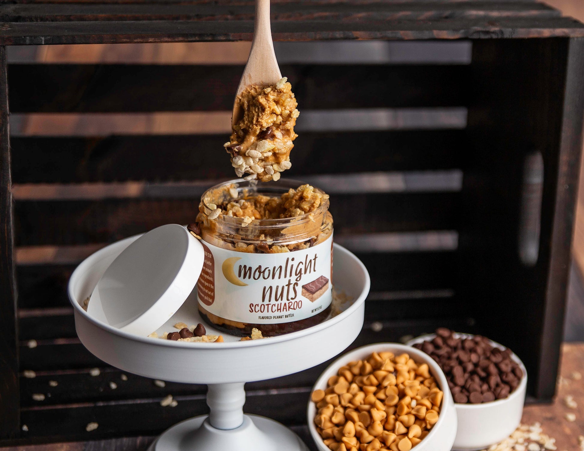 Spoonful of butterscotch peanut butter with chocolate chips