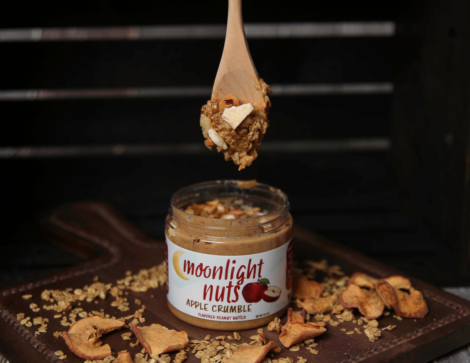 Dessert-inspired peanut butter topped with apple chips and granola