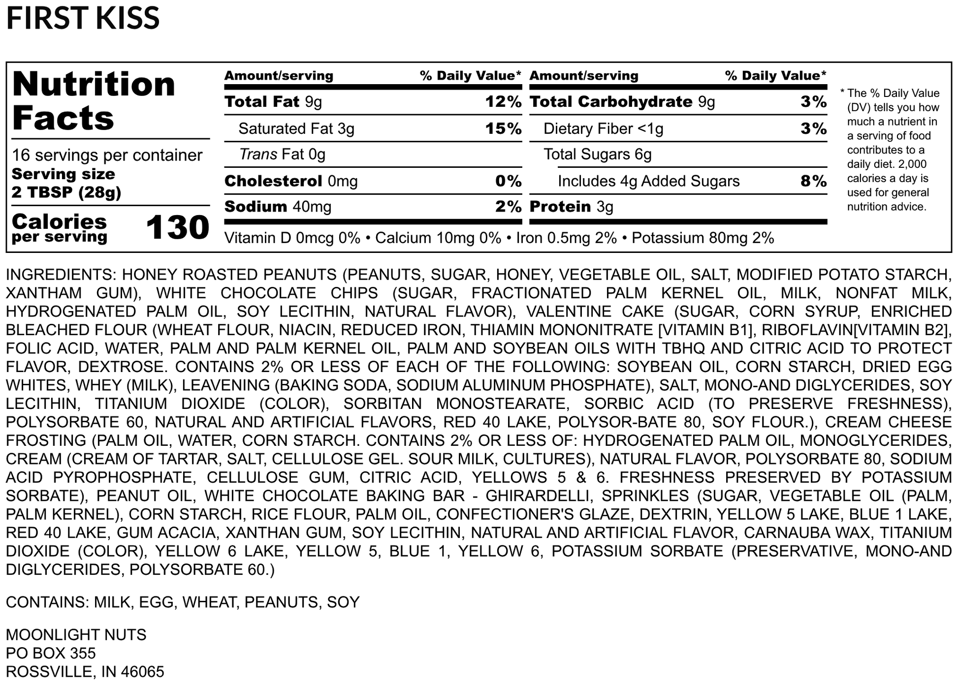 Nutrition facts for moonlight nuts first kiss Valentine's peanut butter flavor.