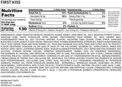 Nutrition facts for moonlight nuts first kiss Valentine's peanut butter flavor.