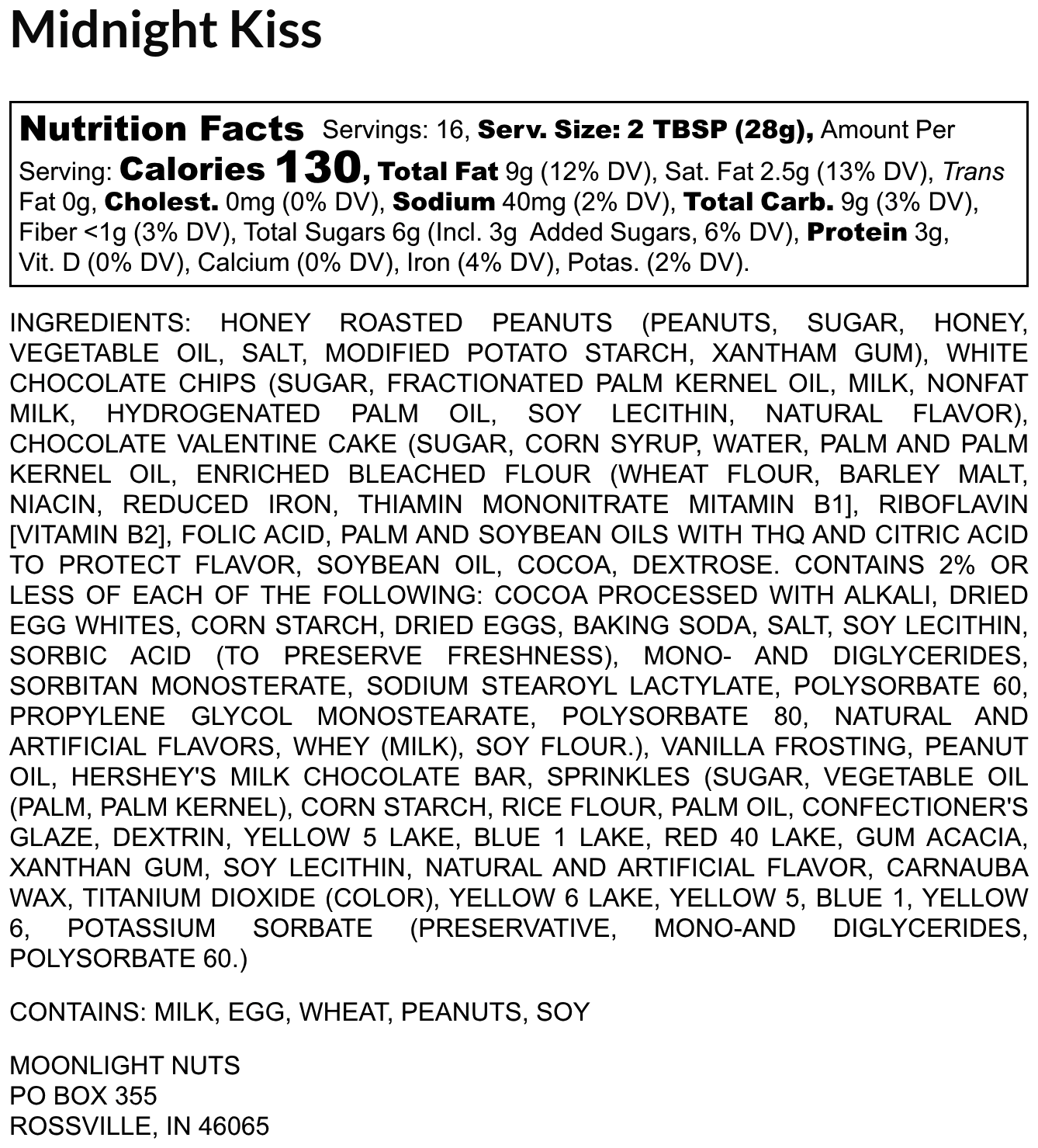 Nutrition facts label and ingredients list for moonlight nuts  'Midnight Kiss' peanut butter