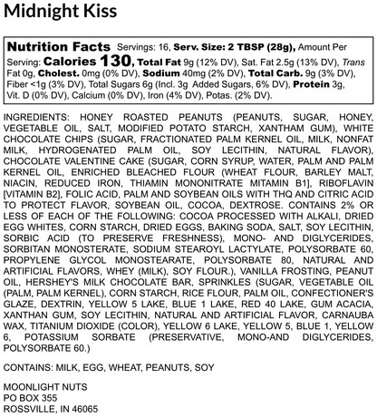 Nutrition facts label and ingredients list for moonlight nuts  'Midnight Kiss' peanut butter