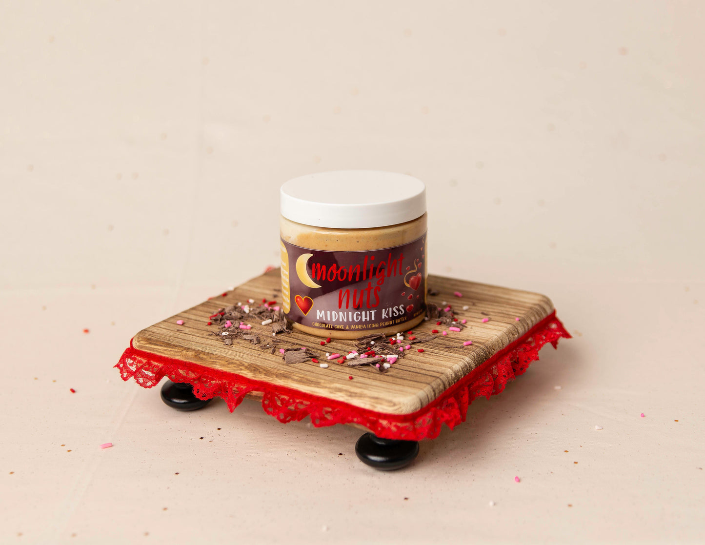 Moonlight nuts Midnight Kiss jar. Valentines collection peanut butter