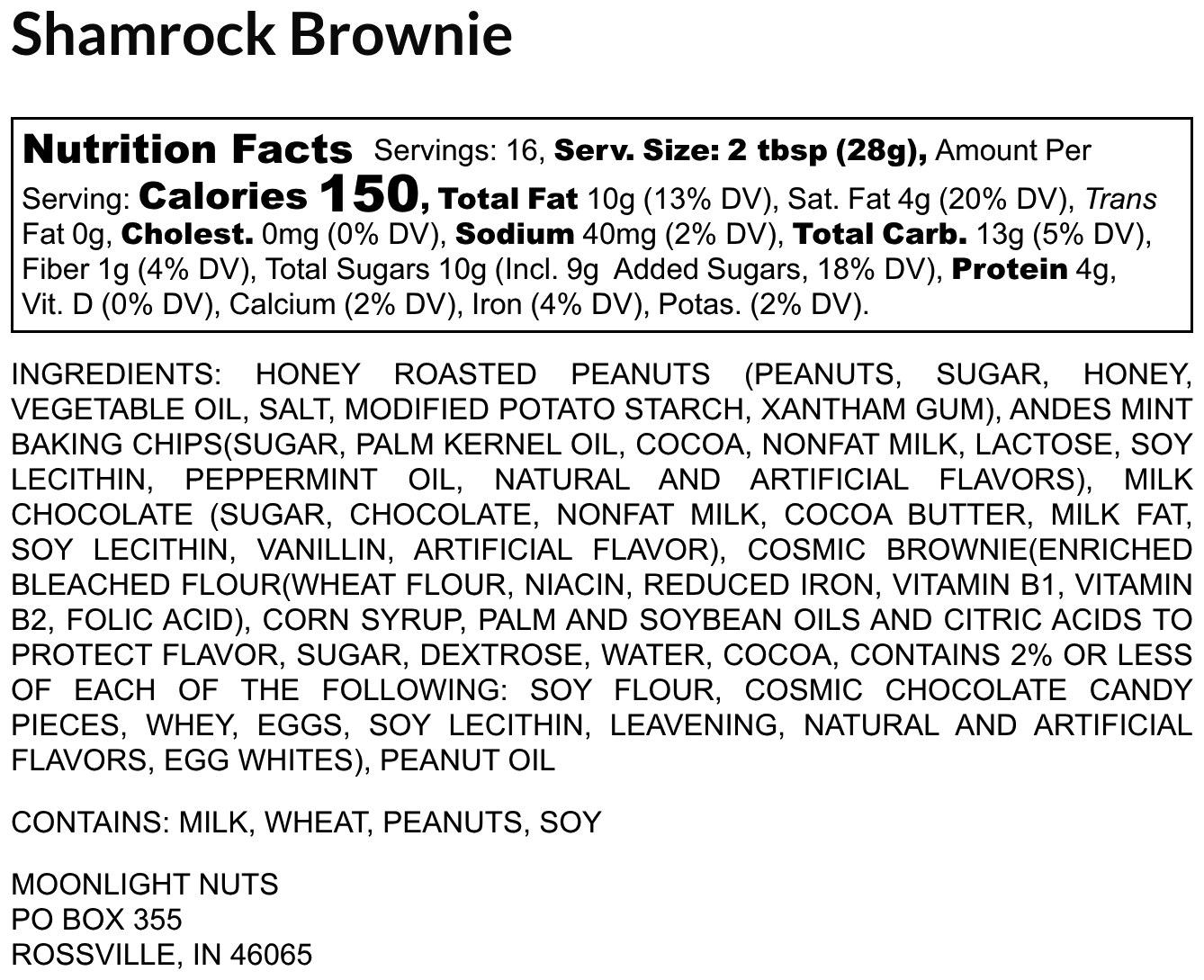 Nutrition facts and ingredients list for Shamrock Brownie on a white background