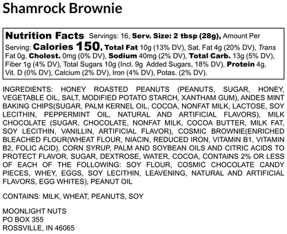 Nutrition facts and ingredients list for Shamrock Brownie on a white background