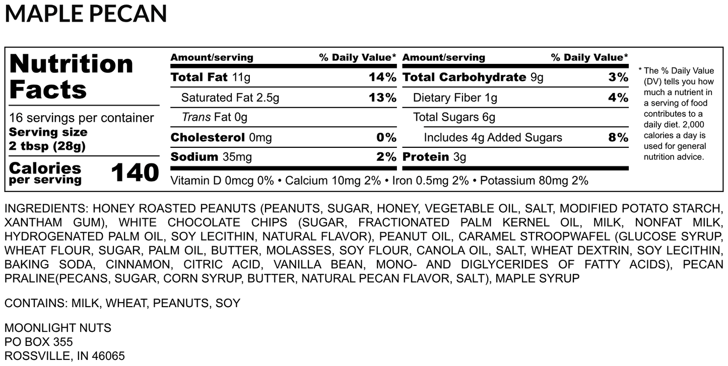 Nutrition facts for Moonlight Nuts maple pecan peanut butter