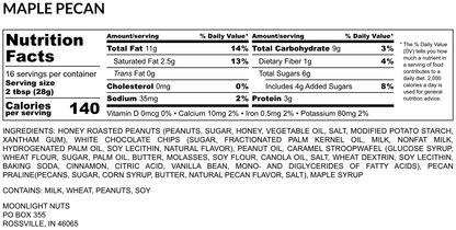 Nutrition facts for Moonlight Nuts maple pecan peanut butter
