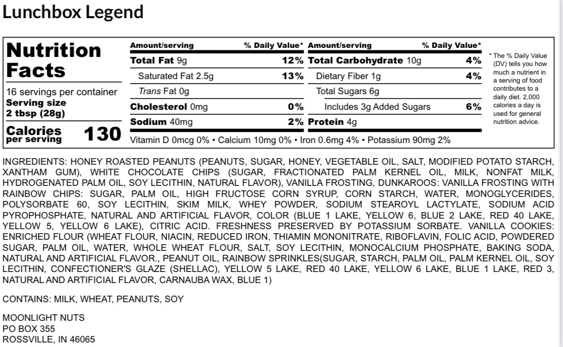 Lunchbox Legend white chocolate peanut butter with Dunkaroos and sprinkles nutrition facts