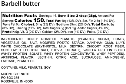 Nutrition facts and ingredients list for Barbell butter on a white background